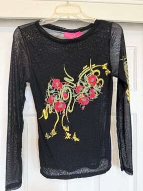 Black Sheer Long-Sleeve Floral Graphic Top by Unknown